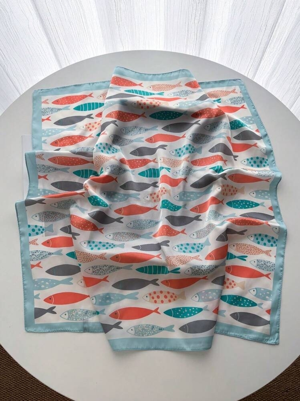 Silk-feep Fish Print Lightweight Scarf - Coral, Teal, Gray 70*70cm